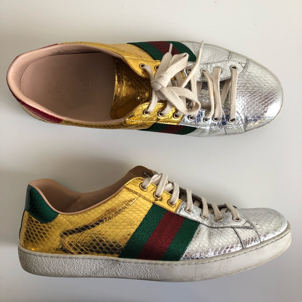 Gucci ‘New Ace’ Metallic Snakeskin Sneakers